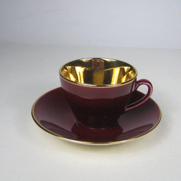 Royal Copenhagen Burgundy Red Gold Vintage Confetti Demitasse Set Denmark 1950s - Picture 5 of 16
